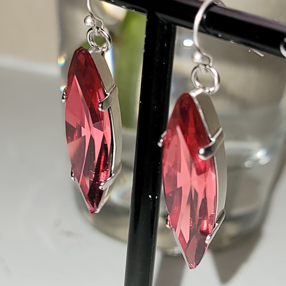 Light Fucia "Swaroski Crystal" Drop Navette Earrings.  "Rare Size"
